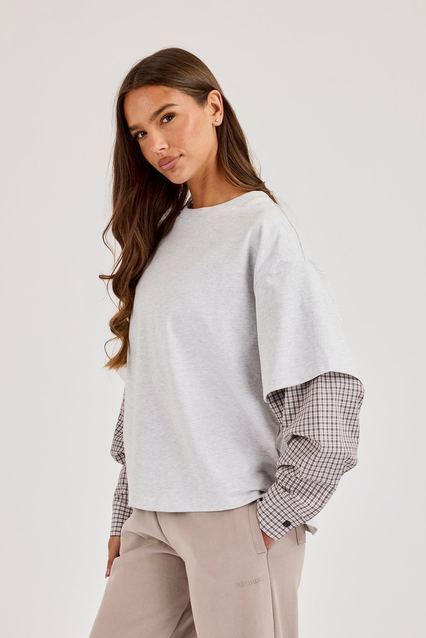 Oversized Layered Check Sleeve T-Shirt - Grey